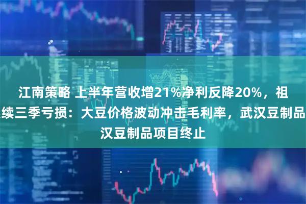 江南策略 上半年营收增21%净利反降20%，祖名股份连续三季亏损：大豆价格波动冲击毛利率，武汉豆制品项目终止